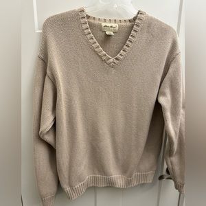 Eddie Bauer Knit Sweater Men’s Size Med Tan Beige V-Neck Cotton Classic Pullover